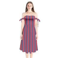 Large Red White And Blue Usa Memorial Day Holiday Pinstripe Shoulder Tie Bardot Midi Dress by PodArtist