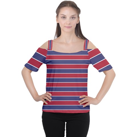 Large Red White And Blue Usa Memorial Day Holiday Pinstripe Cutout Shoulder Tee by PodArtist