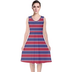 Large Red White And Blue Usa Memorial Day Holiday Pinstripe V-neck Midi Sleeveless Dress  by PodArtist