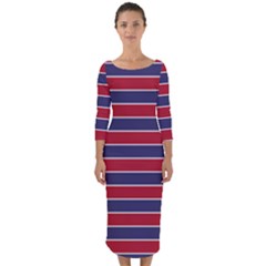 Large Red White And Blue Usa Memorial Day Holiday Pinstripe Quarter Sleeve Midi Bodycon Dress by PodArtist