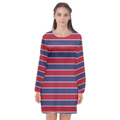 Large Red White And Blue Usa Memorial Day Holiday Pinstripe Long Sleeve Chiffon Shift Dress  by PodArtist