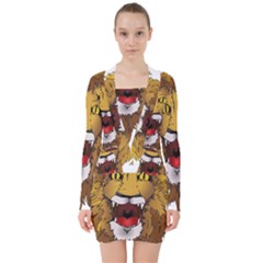 Lion Animal Roar Lion S Mane Comic V-neck Bodycon Long Sleeve Dress by Sapixe