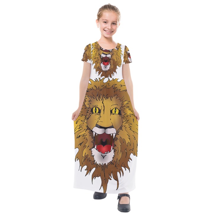 Lion Animal Roar Lion S Mane Comic Kids  Short Sleeve Maxi Dress