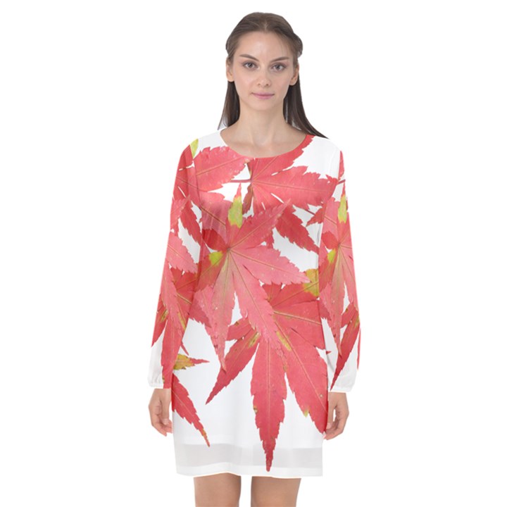 Leaves Maple Branch Autumn Fall Long Sleeve Chiffon Shift Dress 