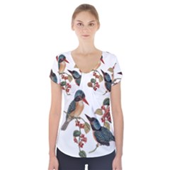 Bird Birds Branch Flowers Vintage Short Sleeve Front Detail Top by Sapixe