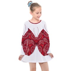 Butterfly Red Fractal Art Nature Kids  Long Sleeve Dress by Sapixe