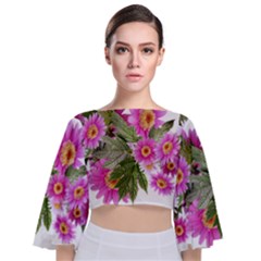 Daisies Flowers Arrangement Summer Tie Back Butterfly Sleeve Chiffon Top by Sapixe