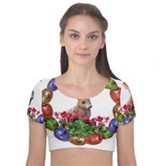 Easter Eggs Rabbit Celebration Velvet Short Sleeve Crop Top  by Sapixe