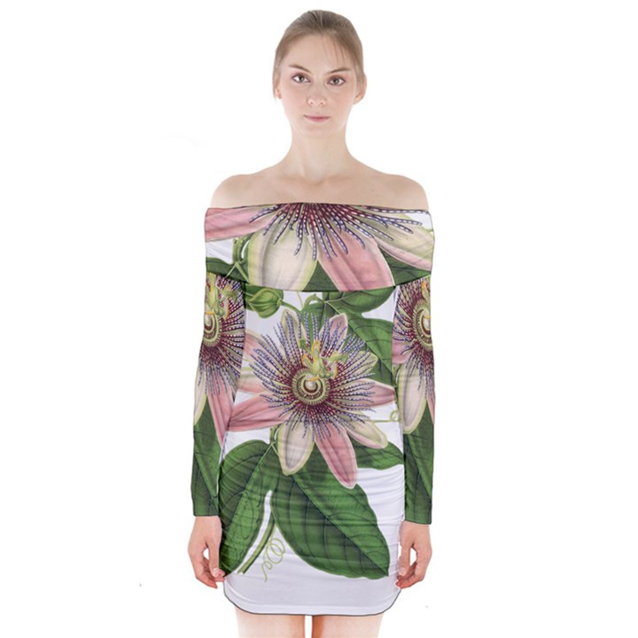 Passion Flower Flower Plant Blossom Long Sleeve Off Shoulder Dress