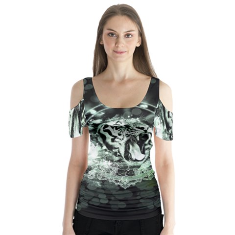 Awesome Tiger In Green And Black Butterfly Sleeve Cutout Tee  by FantasyWorld7