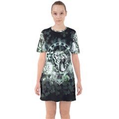 Awesome Tiger In Green And Black Sixties Short Sleeve Mini Dress by FantasyWorld7