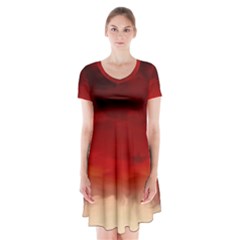 Flaming Skies Ominous Fire Clouds Short Sleeve V-neck Flare Dress by Sapixe