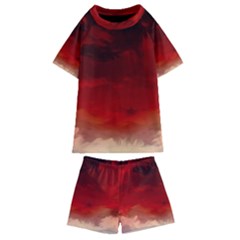 Flaming Skies Ominous Fire Clouds Kids  Swim Tee And Shorts Set