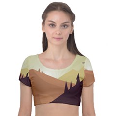 Sky Art Silhouette Panoramic Velvet Short Sleeve Crop Top  by Sapixe