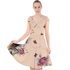 Flower Traditional Chinese Painting Cap Sleeve Front Wrap Midi Dress by Sapixe