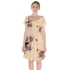 Flower Traditional Chinese Painting Short Sleeve Bardot Dress by Sapixe