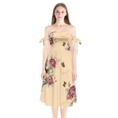 Flower Traditional Chinese Painting Shoulder Tie Bardot Midi Dress by Sapixe