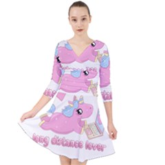 Long Distance Lover - Cute Unicorn Quarter Sleeve Front Wrap Dress by Valentinaart