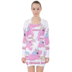 Long Distance Lover - Cute Unicorn V-neck Bodycon Long Sleeve Dress by Valentinaart