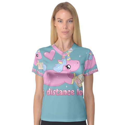 Long Distance Lover - Cute Unicorn V-neck Sport Mesh Tee by Valentinaart