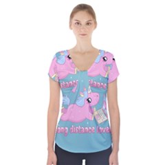 Long Distance Lover - Cute Unicorn Short Sleeve Front Detail Top