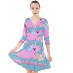 Long Distance Lover - Cute Unicorn Quarter Sleeve Front Wrap Dress by Valentinaart