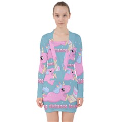 Long Distance Lover - Cute Unicorn V-neck Bodycon Long Sleeve Dress by Valentinaart