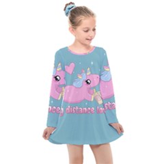 Long Distance Lover - Cute Unicorn Kids  Long Sleeve Dress by Valentinaart