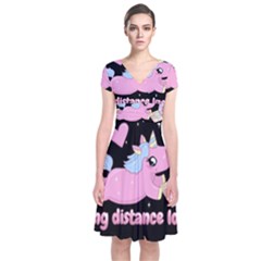 Long Distance Lover - Cute Unicorn Short Sleeve Front Wrap Dress by Valentinaart