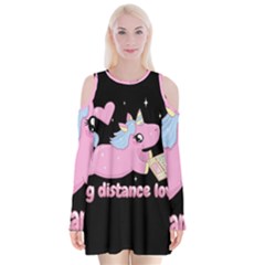 Long Distance Lover - Cute Unicorn Velvet Long Sleeve Shoulder Cutout Dress by Valentinaart