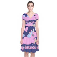 Long Distance Lover - Cute Unicorn Short Sleeve Front Wrap Dress by Valentinaart