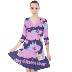 Long Distance Lover - Cute Unicorn Quarter Sleeve Front Wrap Dress by Valentinaart