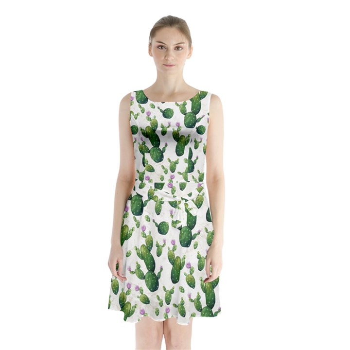 Cactus pattern Sleeveless Waist Tie Chiffon Dress