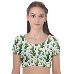 Cactus Pattern Velvet Short Sleeve Crop Top 