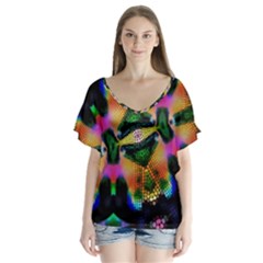 Butterfly Color Pop Art V-neck Flutter Sleeve Top by Sapixe