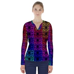 Rainbow Grid Form Abstract V-neck Long Sleeve Top by Sapixe