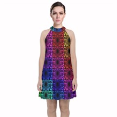 Rainbow Grid Form Abstract Velvet Halter Neckline Dress 