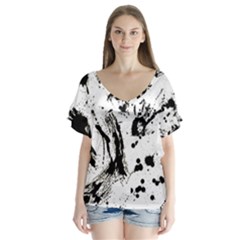 Pattern Color Painting Dab Black V-neck Flutter Sleeve Top by Sapixe