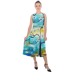 Oil Painting Tree Flower Midi Tie-back Chiffon Dress