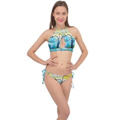 Oil Painting Tree Flower Cross Front Halter Bikini Set