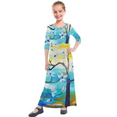 Oil Painting Tree Flower Kids  Quarter Sleeve Maxi Dress