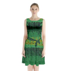 Green Fabric Textile Macro Detail Sleeveless Waist Tie Chiffon Dress by Sapixe