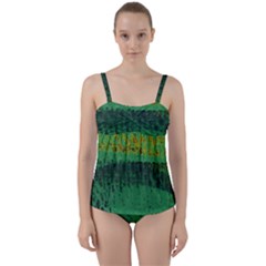 Green Fabric Textile Macro Detail Twist Front Tankini Set by Sapixe