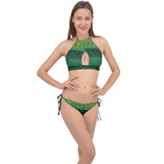 Green Fabric Textile Macro Detail Cross Front Halter Bikini Set by Sapixe