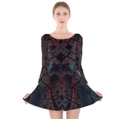 Fractal 3d Dark Red Abstract Long Sleeve Velvet Skater Dress by Sapixe