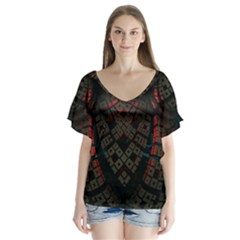 Fractal 3d Dark Red Abstract V-neck Flutter Sleeve Top by Sapixe