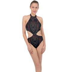 Fractal 3d Dark Red Abstract Halter Side Cut Swimsuit by Sapixe