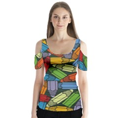 Colored Pencils Pens Paint Color Butterfly Sleeve Cutout Tee 