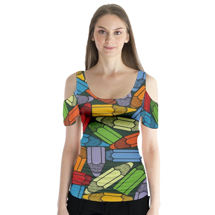 Colored Pencils Pens Paint Color Butterfly Sleeve Cutout Tee 