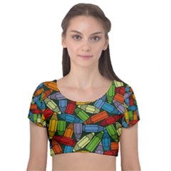 Colored Pencils Pens Paint Color Velvet Short Sleeve Crop Top  by Sapixe